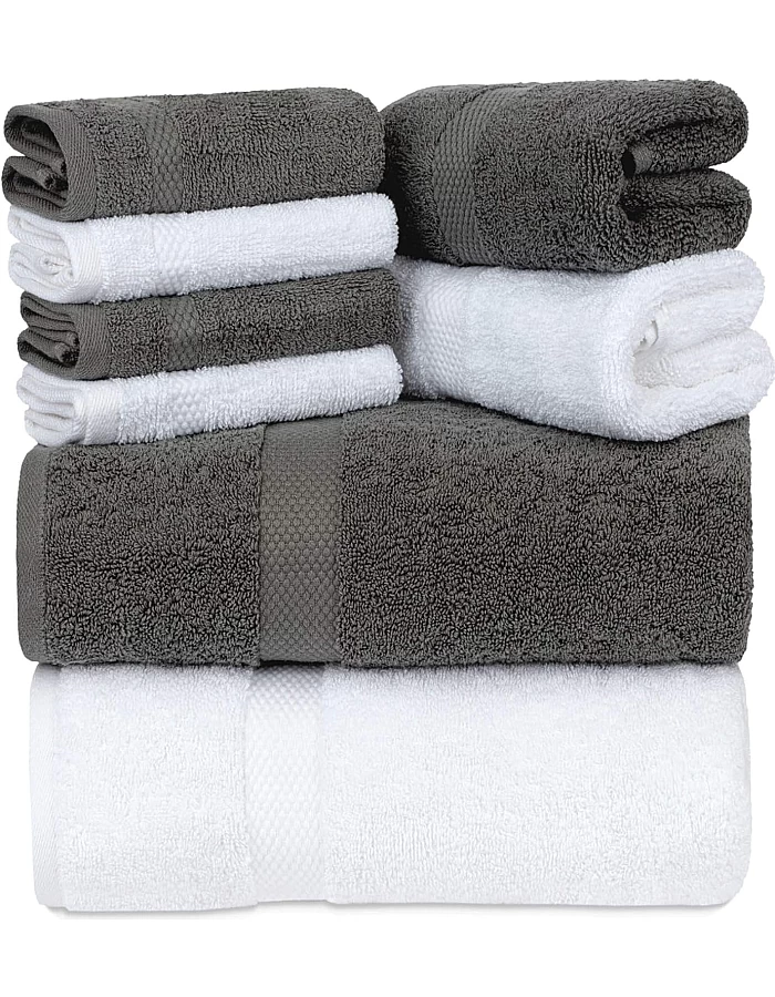 White Classic Luxury Bath Towel Set - Combed Cotton Hotel Quality Absorbent 8 Piece Towels | 2 Bath Towels | 2 Hand Towels | 4 Washcloths [Worth $72.95] 8 Pack | (4Grey/4White, 8Pc)
