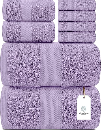 White Classic Luxury Bath Towel Set of 8 Pieces - 100% Turkish Cotton Highly Absorbent Towels for Bathroom, 2 Luxury Bath Towels 700GSM, 2 Hand Towels, 4 Washcloths, Lavender