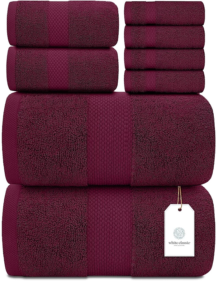 White Classic Luxury Bath Towel Set of 8 Pieces - 100% Turkish Cotton Highly Absorbent Towels for Bathroom, 2 Luxury Bath Towels 700GSM, 2 Hand Towels, 4 Washcloths, Wine Red