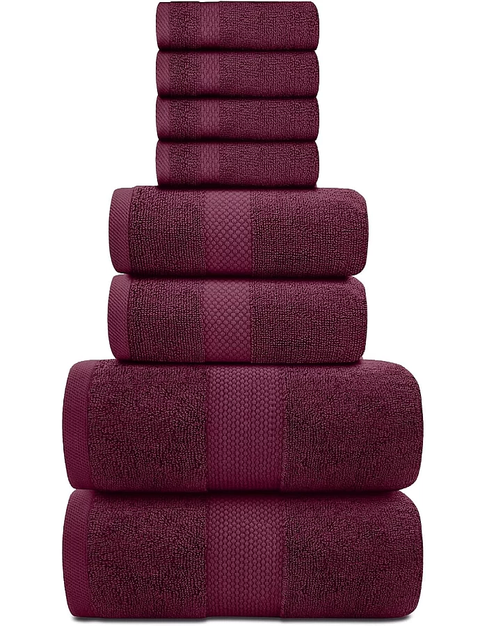White Classic Luxury Bath Towel Set of 8 Pieces - 100% Turkish Cotton Highly Absorbent Towels for Bathroom, 2 Luxury Bath Towels 700GSM, 2 Hand Towels, 4 Washcloths, Wine Red