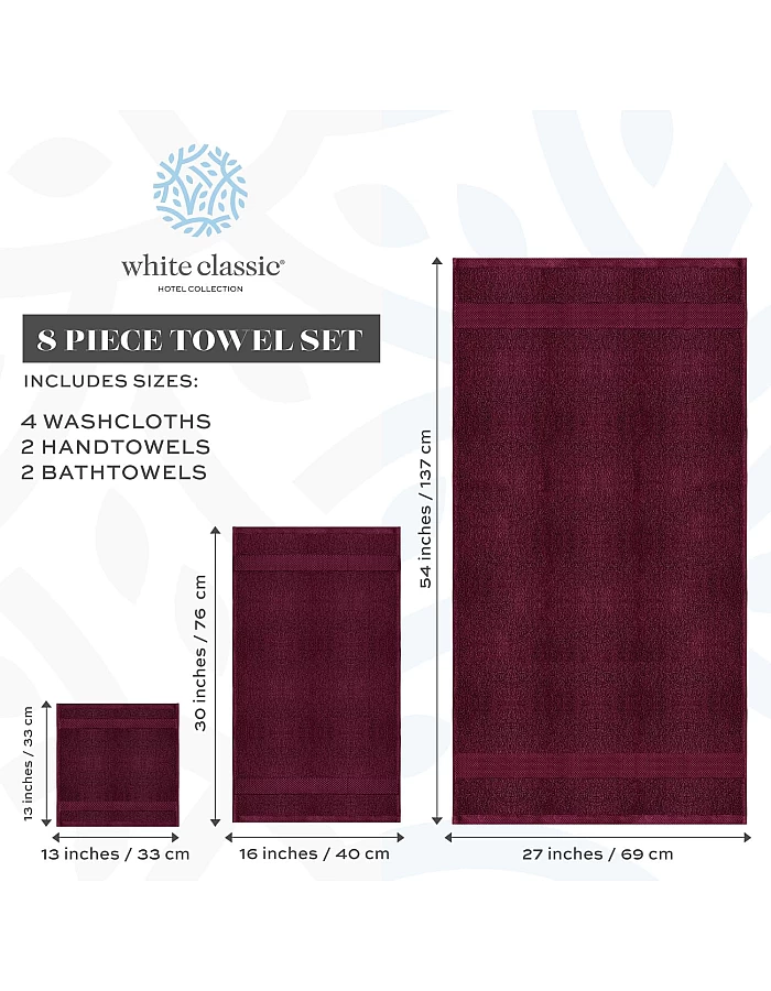 White Classic Luxury Bath Towel Set of 8 Pieces - 100% Turkish Cotton Highly Absorbent Towels for Bathroom, 2 Luxury Bath Towels 700GSM, 2 Hand Towels, 4 Washcloths, Wine Red