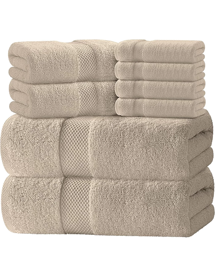White Classic Luxury Bath Towel Set of 8 Pieces - 100% Turkish Cotton Highly Absorbent Towels for Bathroom, 2 Luxury Bath Towels 700GSM, 2 Hand Towels, 4 Washcloths, Taupe