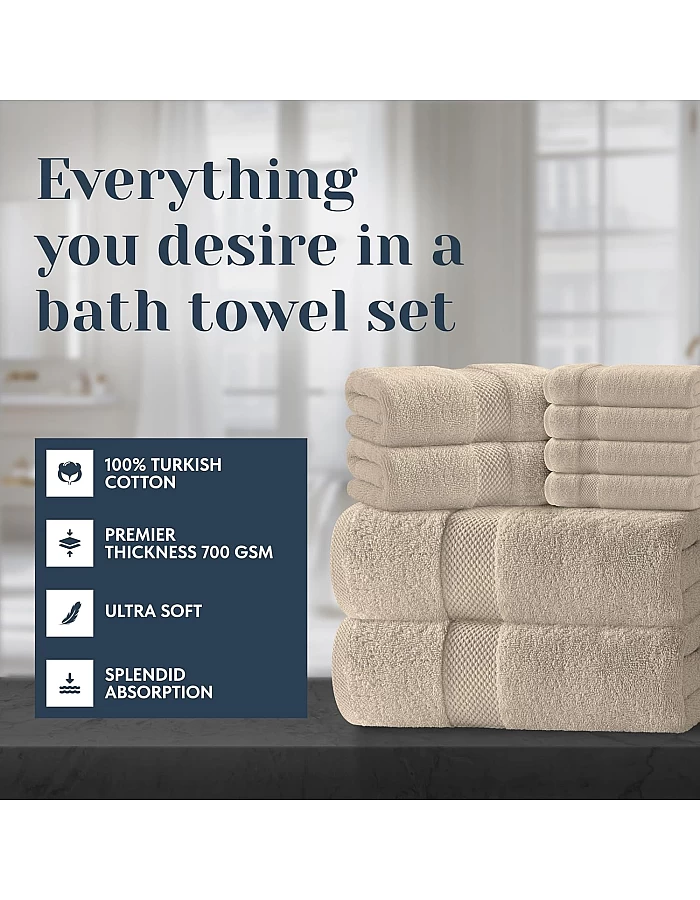 White Classic Luxury Bath Towel Set of 8 Pieces - 100% Turkish Cotton Highly Absorbent Towels for Bathroom, 2 Luxury Bath Towels 700GSM, 2 Hand Towels, 4 Washcloths, Taupe