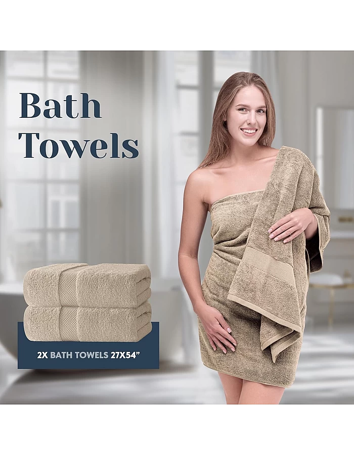 White Classic Luxury Bath Towel Set of 8 Pieces - 100% Turkish Cotton Highly Absorbent Towels for Bathroom, 2 Luxury Bath Towels 700GSM, 2 Hand Towels, 4 Washcloths, Taupe