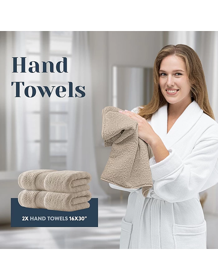 White Classic Luxury Bath Towel Set of 8 Pieces - 100% Turkish Cotton Highly Absorbent Towels for Bathroom, 2 Luxury Bath Towels 700GSM, 2 Hand Towels, 4 Washcloths, Taupe