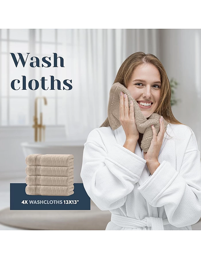 White Classic Luxury Bath Towel Set of 8 Pieces - 100% Turkish Cotton Highly Absorbent Towels for Bathroom, 2 Luxury Bath Towels 700GSM, 2 Hand Towels, 4 Washcloths, Taupe