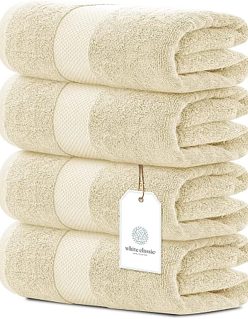 White Classic Luxury Cotton Bath Towels Large - | Highly Absorbent Hotel spa Collection Bathroom Towel | 27x54 Inch | Set of 4 (Beige, 4)