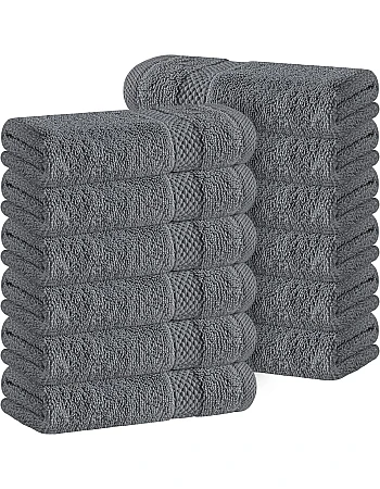 White Classic Luxury Cotton Washcloths 13x13 Inch - 650 GSM Turkish Cotton | Hotel, Spa, Bathroom Face Towel | 12 Pack, Dark Gray