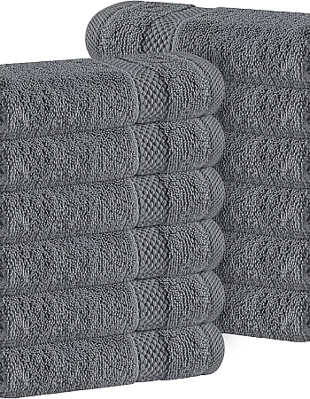 White Classic Luxury Cotton Washcloths 13x13 Inch - 650 GSM Turkish Cotton | Hotel, Spa, Bathroom Face Towel | 12 Pack, Dark Gray