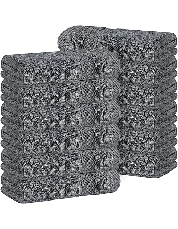White Classic Luxury Cotton Washcloths 13x13 Inch - 650 GSM Turkish Cotton | Hotel, Spa, Bathroom Face Towel | 12 Pack, Dark Gray