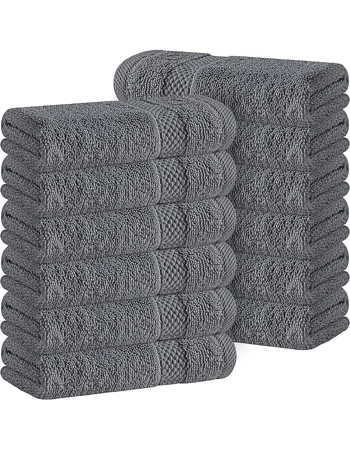 White Classic Luxury Cotton Washcloths 13x13 Inch - 650 GSM Turkish Cotton | Hotel, Spa, Bathroom Face Towel | 12 Pack, Dark Gray