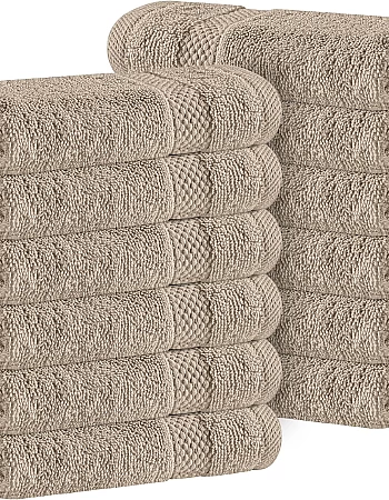 White Classic Luxury Cotton Washcloths 13x13 Inch - 650 GSM Turkish Cotton | Hotel, Spa, Bathroom Face Towel | 12 Pack, Taupe