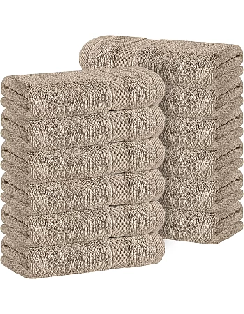 White Classic Luxury Cotton Washcloths 13x13 Inch - 650 GSM Turkish Cotton | Hotel, Spa, Bathroom Face Towel | 12 Pack, Taupe