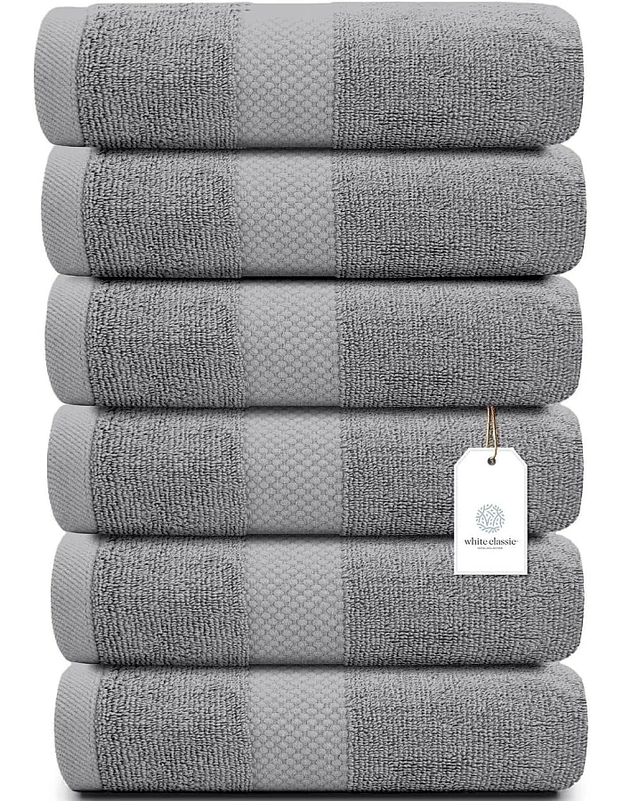 White Classic Luxury Hand Towels | Cotton Hotel spa Bathroom Towel | 16x30 | 6 Pack | Grey