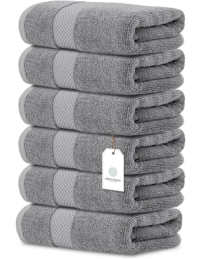 White Classic Luxury Hand Towels | Cotton Hotel spa Bathroom Towel | 16x30 | 6 Pack | Grey