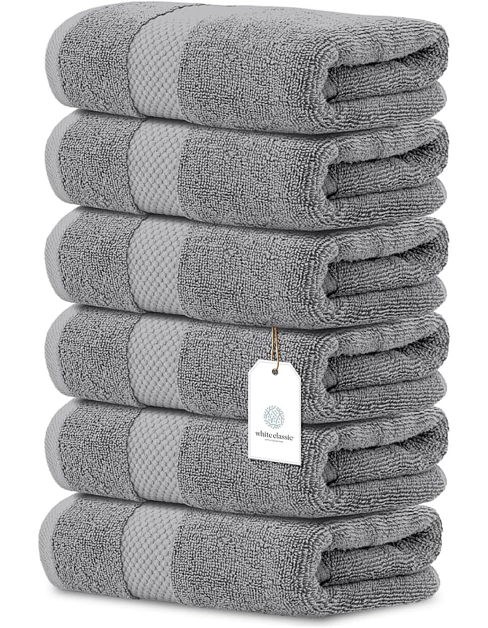 White Classic Luxury Hand Towels | Cotton Hotel spa Bathroom Towel | 16x30 | 6 Pack | Grey
