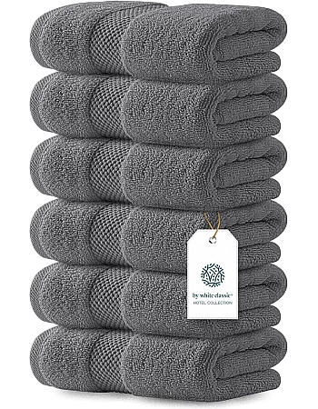 White Classic Luxury Hand Towels | Cotton Hotel spa Bathroom Towel | 16x30 | 6 Pack | Grey