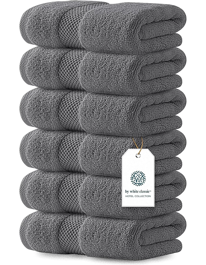 White Classic Luxury Hand Towels | Cotton Hotel spa Bathroom Towel | 16x30 | 6 Pack | Grey
