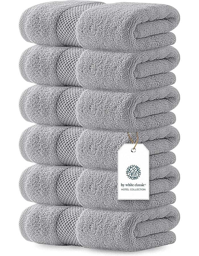 White Classic Luxury Hand Towels 6 Pc Set - Premium Cotton Hotel Style Bathroom Towels 16x30, Highly Absorbent 650 GSM Towels for Bathroom, Gym, Shower, Spa, Dormitory, Kitchen 6 Pack, Dolphin Gray