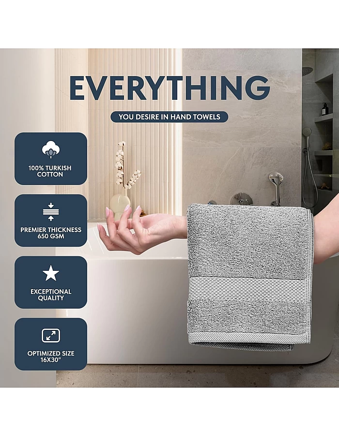 White Classic Luxury Hand Towels 6 Pc Set - Premium Cotton Hotel Style Bathroom Towels 16x30, Highly Absorbent 650 GSM Towels for Bathroom, Gym, Shower, Spa, Dormitory, Kitchen 6 Pack, Dolphin Gray