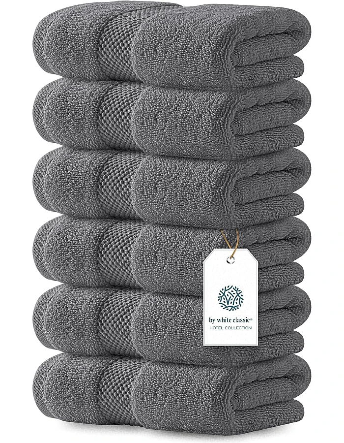 White Classic Luxury Hand Towels for Bathroom-Hotel-Spa-Kitchen-Set - Circlet Egyptian Cotton - 16x30 Inches - Set of 6 (Gray)