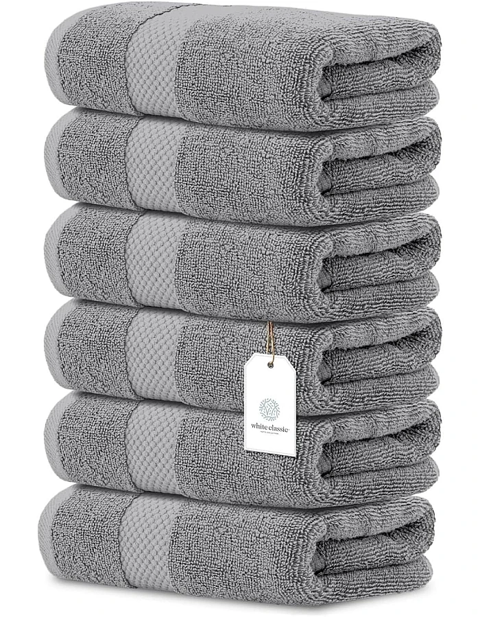 White Classic Luxury Hand Towels for Bathroom-Hotel-Spa-Kitchen-Set - Circlet Egyptian Cotton - 16x30 Inches - Set of 6 (Gray)