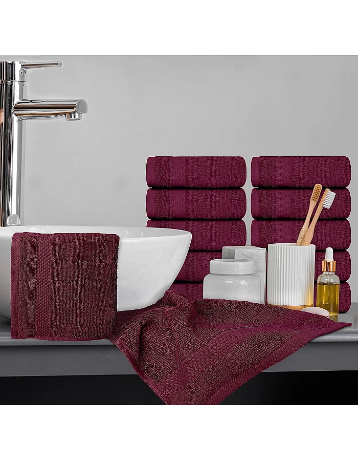 White Classic Luxury Washcloths for Bathroom-Hotel-Spa-Kitchen-Set - Circlet Egyptian Cotton - Highly Absorbent Hotel Quality Face Towels - Bulk Set of 12-13x13 Inch (Wine Red)