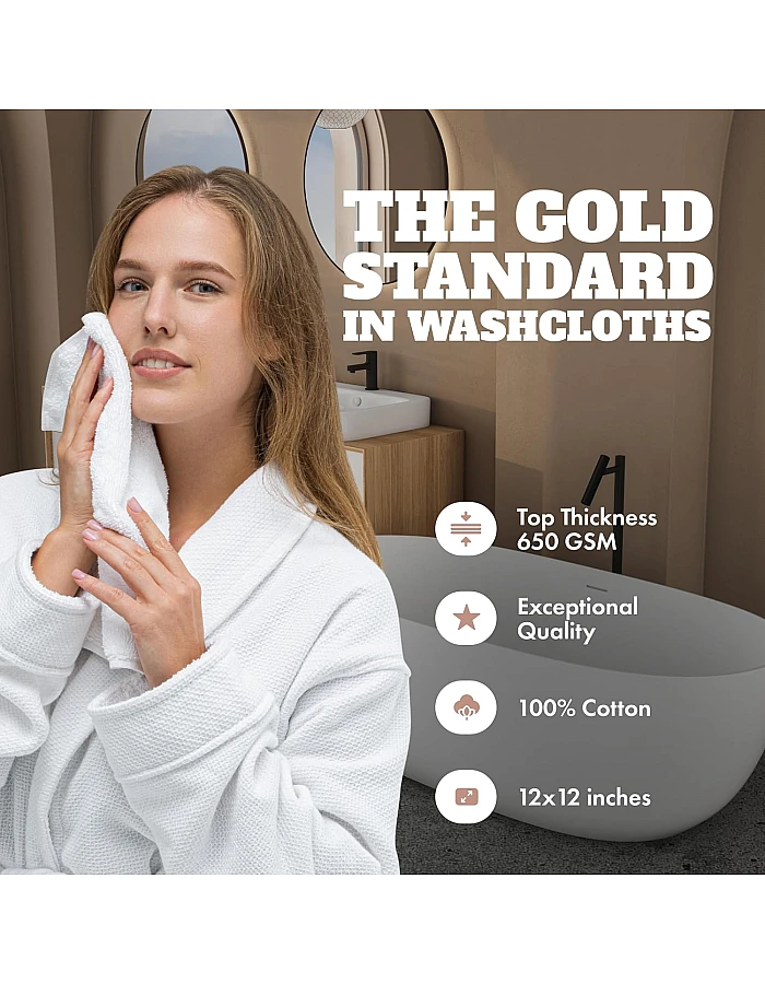 White Classic Washcloth Towels, (24 Pack, 12 x 12 Inch) 100% Cotton, Hotel Grade Use on Your Face in Your Home, Kitchen, Gym, and Bathroom, Super Absorbent Extra Soft Bleached White 12"X12" White