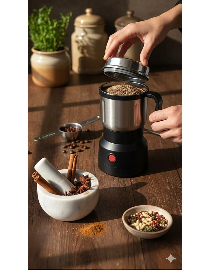 Electric Coffee and Spice Grinder, Stainless Steel One-Touch Multi-Purpose Grinder for Coffee Beans, Spices, Herbs, Nuts and Grains with Transparent Safety Lid