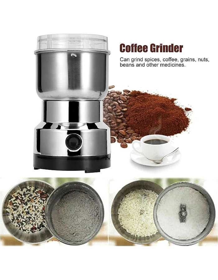 Electric Spice Grinder Stainless Steel 150W Coffee Bean Nut Grinder With 4 Blades Press To Start Compact Design For Herbs Seeds Quiet Operation Easy To Clean