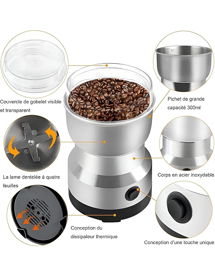 Multifunctional Electric Coffee Grinder with 4 Stainless Steel Blades Designed to Grind Coffee Beans, Spices, Flaxseed and More Efficiently with Powerful 150W Motor