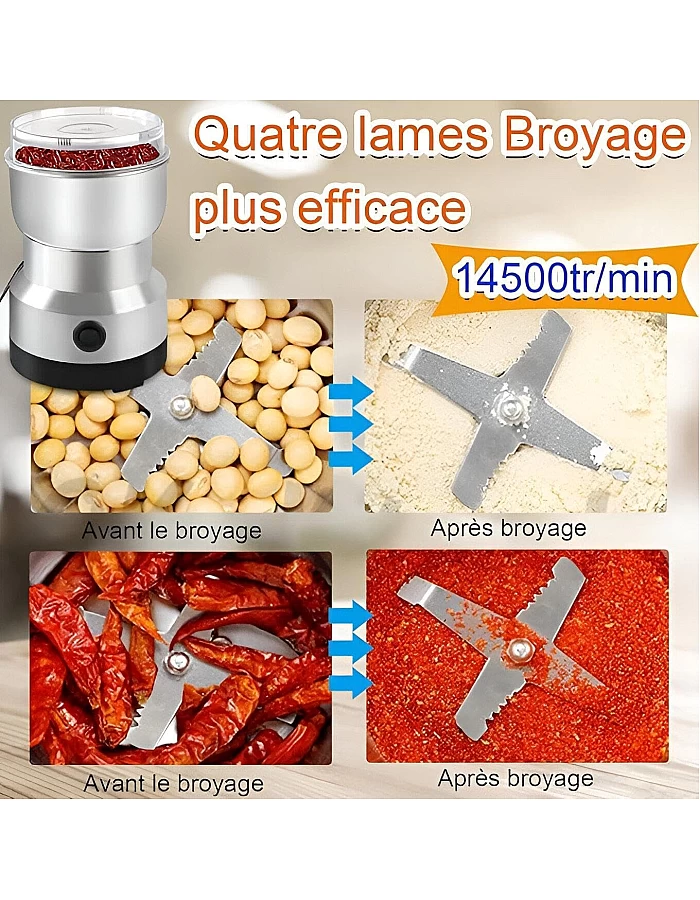 Multifunctional Electric Coffee Grinder with 4 Stainless Steel Blades Designed to Grind Coffee Beans, Spices, Flaxseed and More Efficiently with Powerful 150W Motor