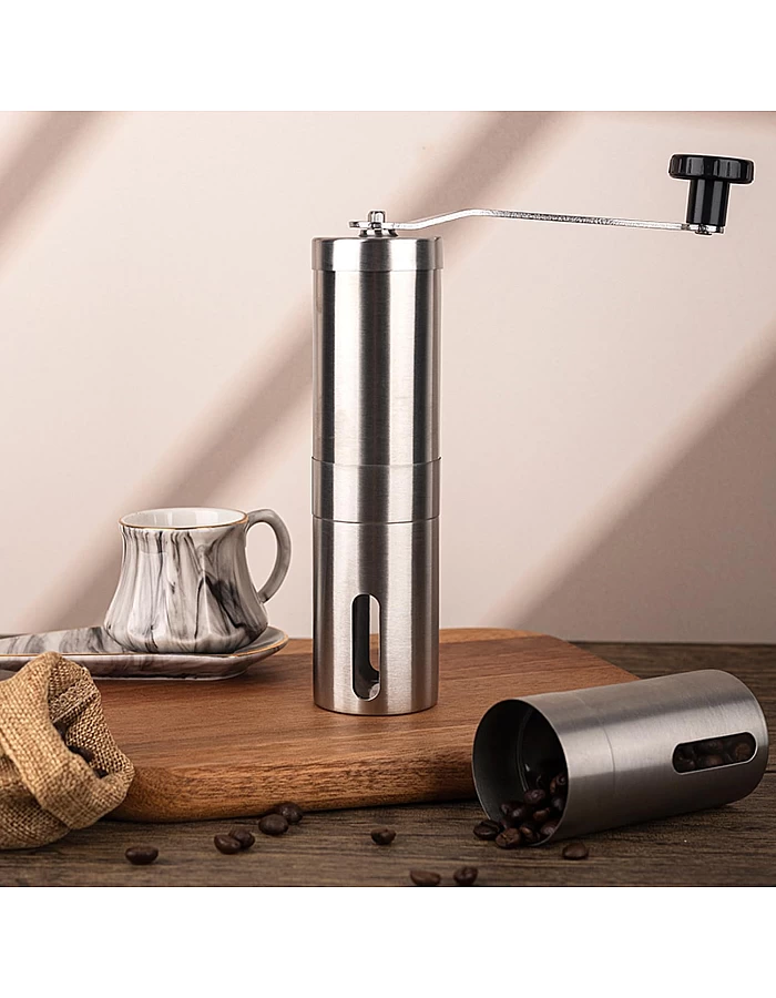 ILAMSHAR Manual Coffee Grinder with Adjustable Settings, Brushed Stainless Steel, Conical Burr Mill for Aeropress, Drip Coffee, Espresso, French Press, Turkish Brew