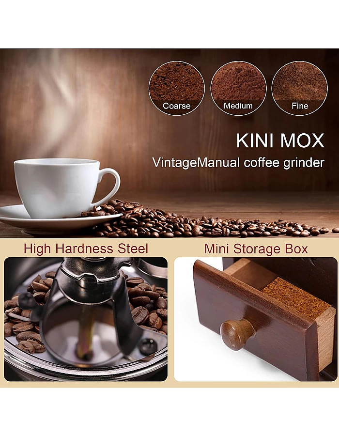 Ruiqas Manual Coffee Grinder - Retro Vintage Style - Adjustable Grind Size - Easy Manual Operation - Pine Wood & Cast Iron & Ceramic - Grinding Coffee Beans