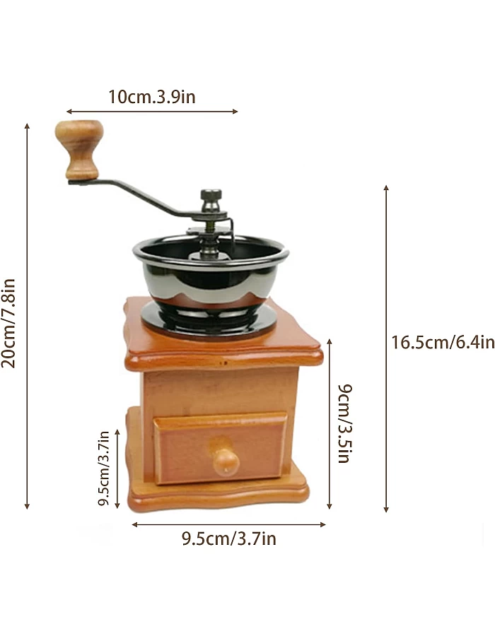 Ruiqas Manual Coffee Grinder - Retro Vintage Style - Adjustable Grind Size - Easy Manual Operation - Pine Wood & Cast Iron & Ceramic - Grinding Coffee Beans