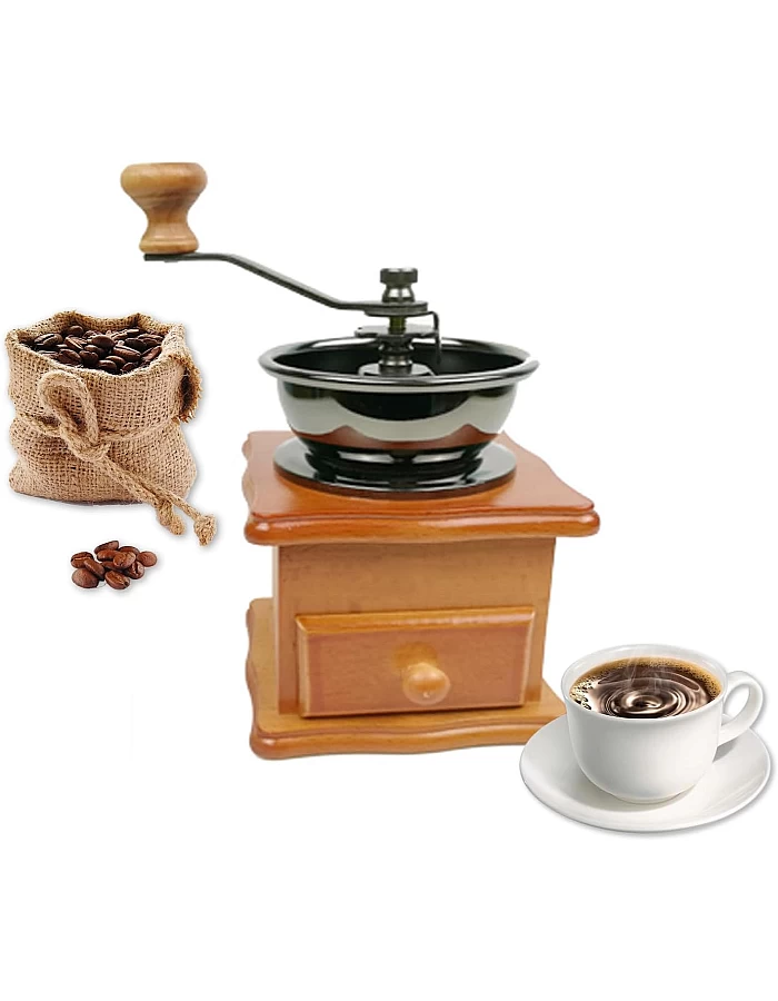 Ruiqas Manual Coffee Grinder - Retro Vintage Style - Adjustable Grind Size - Easy Manual Operation - Pine Wood & Cast Iron & Ceramic - Grinding Coffee Beans