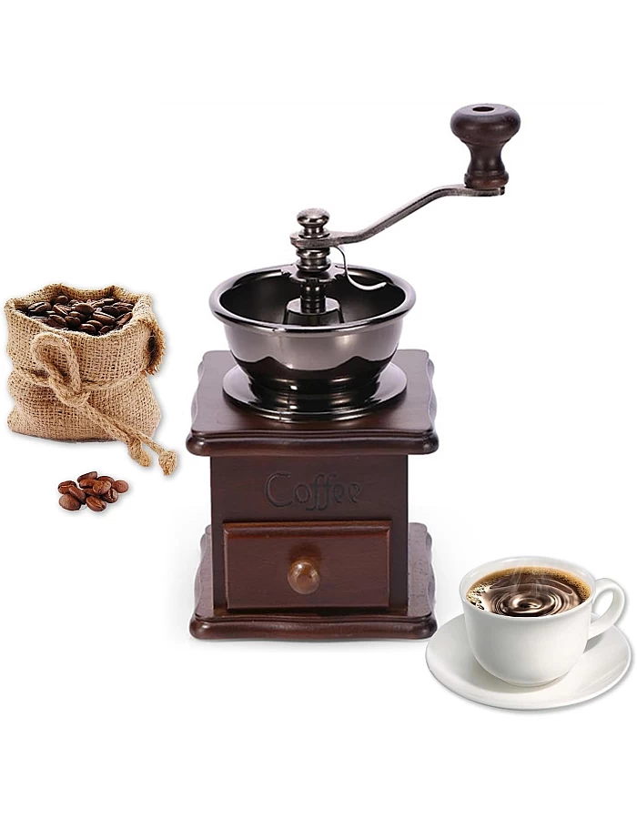 Ruiqas Manual Coffee Grinder - Retro Vintage Style - Adjustable Grind Size - Easy Manual Operation - Pine Wood & Cast Iron & Ceramic - Grinding Coffee Beans