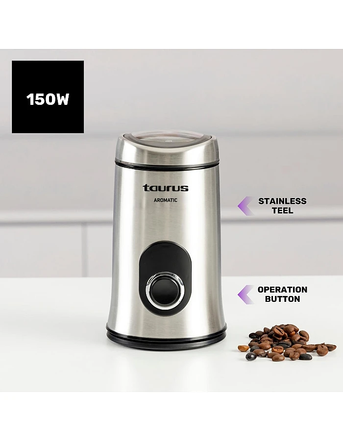 Taurus Aromatic 150W Electric Coffee Grinder, 50g Bean Tank, Start Button, Stainless Steel Blades and Tank, Cable Storage, Fine Grinding, Grey