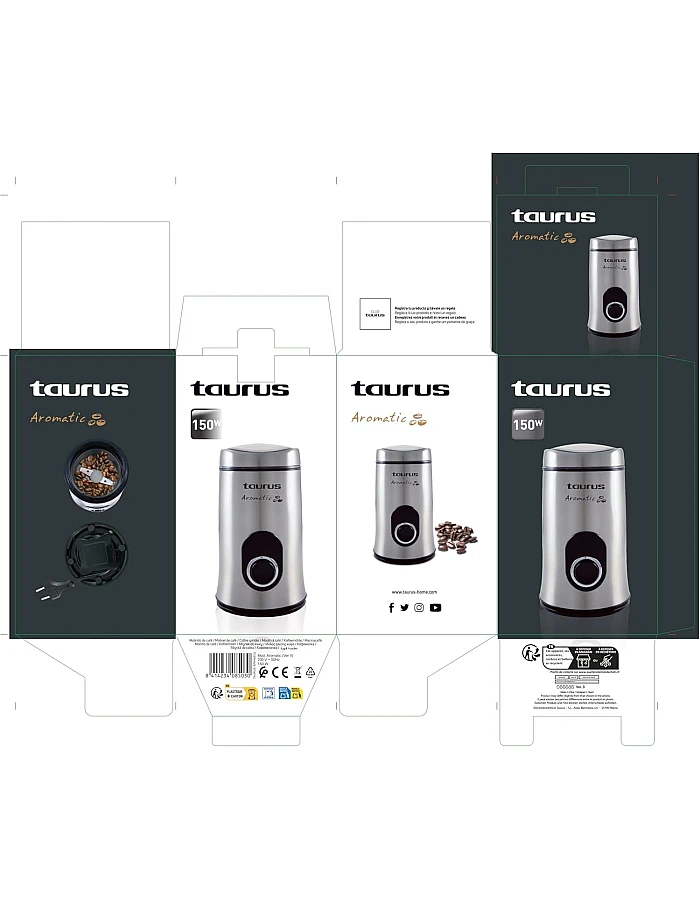 Taurus Aromatic 150W Electric Coffee Grinder, 50g Bean Tank, Start Button, Stainless Steel Blades and Tank, Cable Storage, Fine Grinding, Grey