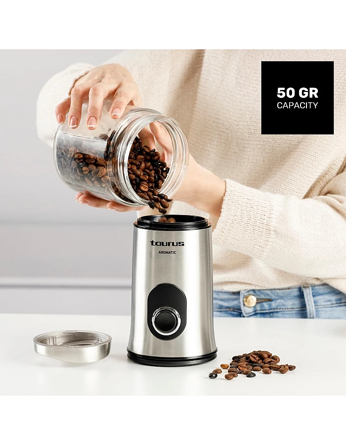Taurus Aromatic 150W Electric Coffee Grinder, 50g Bean Tank, Start Button, Stainless Steel Blades and Tank, Cable Storage, Fine Grinding, Grey