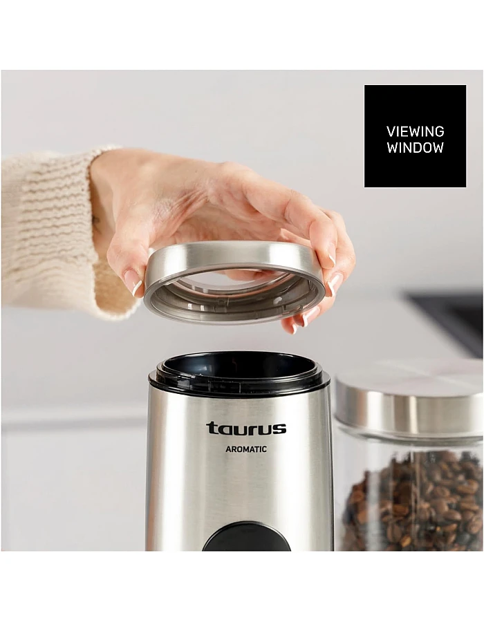 Taurus Aromatic 150W Electric Coffee Grinder, 50g Bean Tank, Start Button, Stainless Steel Blades and Tank, Cable Storage, Fine Grinding, Grey