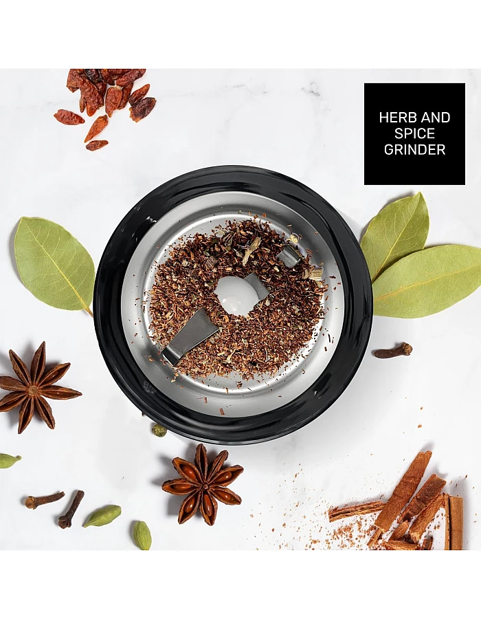 Taurus Aromatic 150W Electric Coffee Grinder, 50g Bean Tank, Start Button, Stainless Steel Blades and Tank, Cable Storage, Fine Grinding, Grey