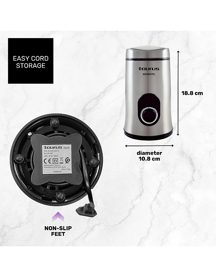 Taurus Aromatic 150W Electric Coffee Grinder, 50g Bean Tank, Start Button, Stainless Steel Blades and Tank, Cable Storage, Fine Grinding, Grey