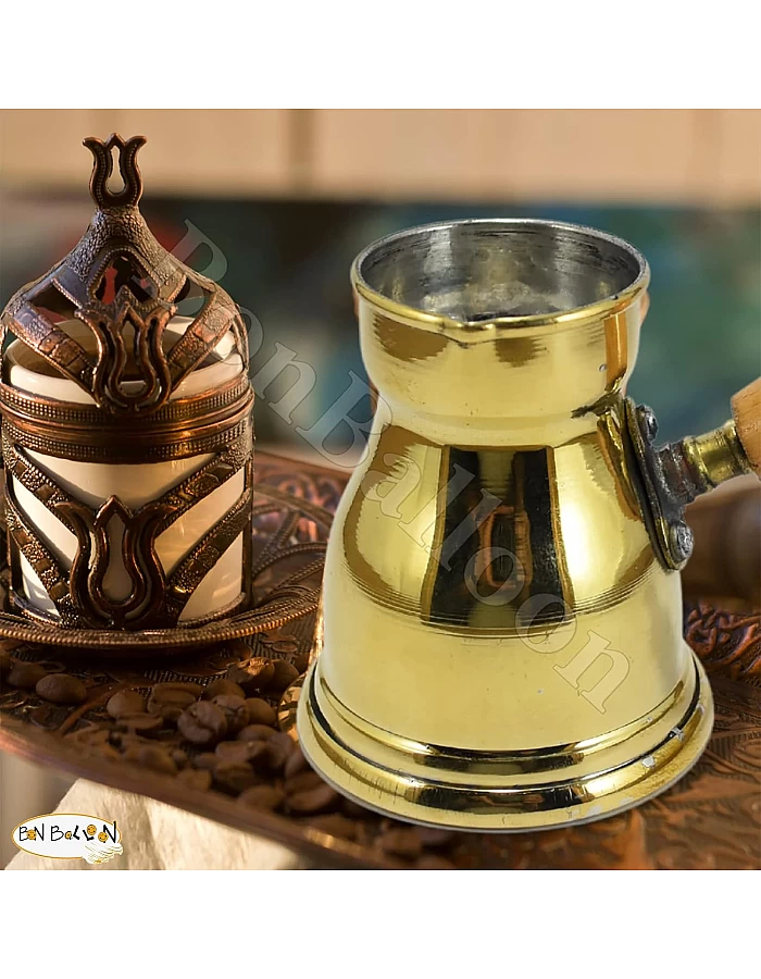 ELBARAMONY 1 Piece Brass Turkish Greek Coffee Pot for Jazva, Sisyph, Jiseph, Turka, Arat, Arabic Coffee Pot with Wooden Handle Handmade Egyptian Decanter Size 3 (140 ML-4.73 OZ) Multicolor
