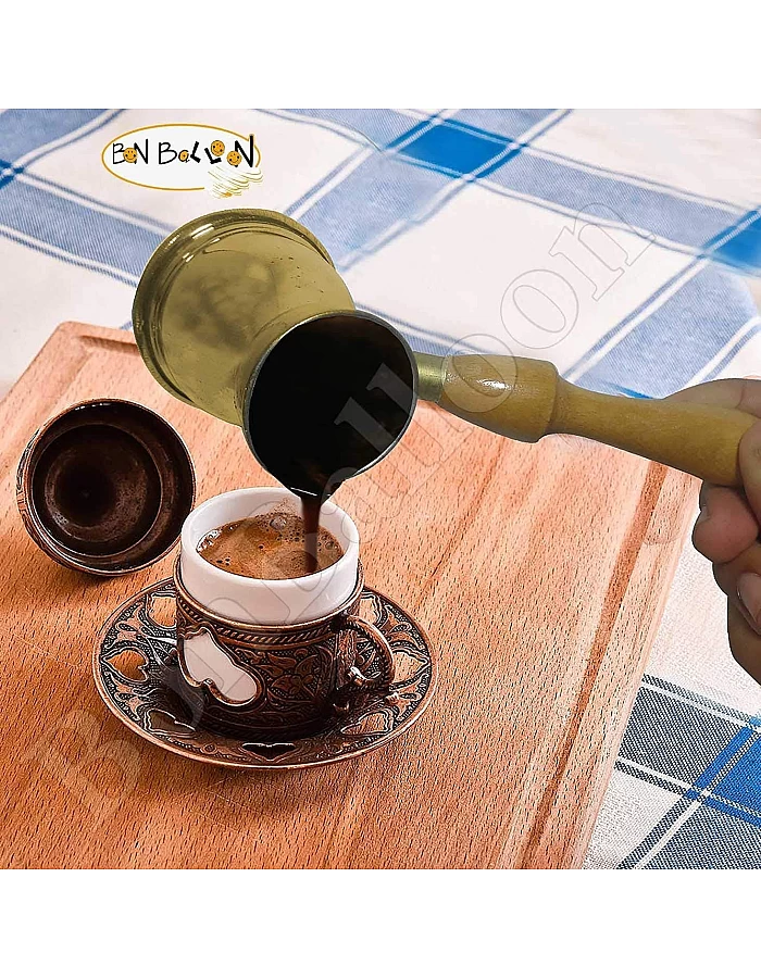ELBARAMONY 1 Piece Brass Turkish Greek Coffee Pot for Jazva, Sisyph, Jiseph, Turka, Arat, Arabic Coffee Pot with Wooden Handle Handmade Egyptian Decanter Size 3 (140 ML-4.73 OZ) Multicolor