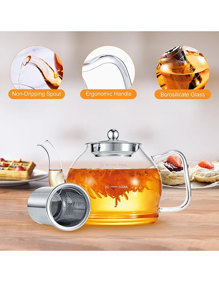 STNTUS Glass Teapot, 27 oz / 800 ml for Loose Tea, With Infuser and Stainless Steel Strainer, Stovetop Safe, 2-4 Cups