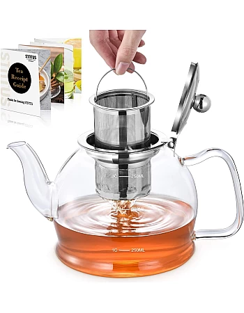 STNTUS Glass Teapot, 27 oz / 800 ml for Loose Tea, With Infuser and Stainless Steel Strainer, Stovetop Safe, 2-4 Cups