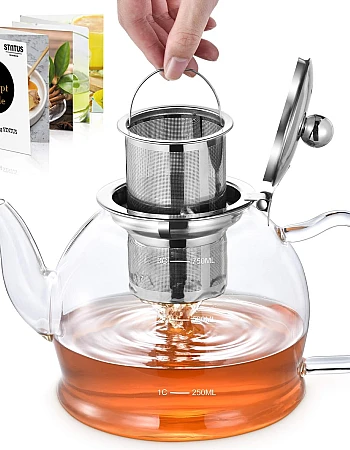 STNTUS Glass Teapot, 27 oz / 800 ml for Loose Tea, With Infuser and Stainless Steel Strainer, Stovetop Safe, 2-4 Cups