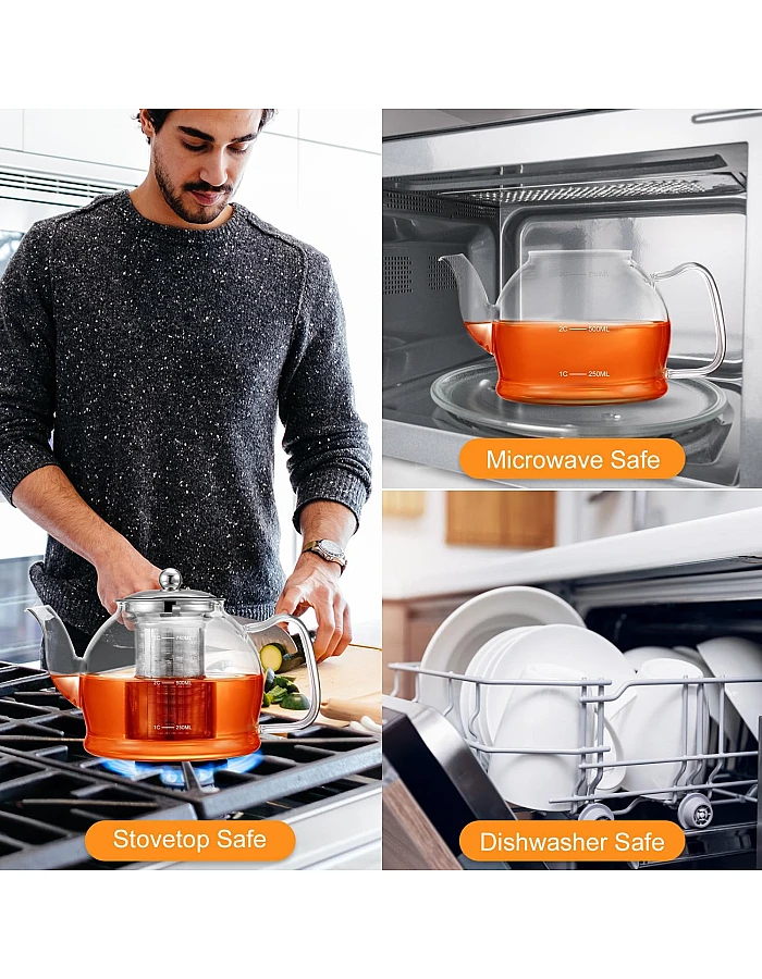 STNTUS Glass Teapot, 27 oz / 800 ml for Loose Tea, With Infuser and Stainless Steel Strainer, Stovetop Safe, 2-4 Cups