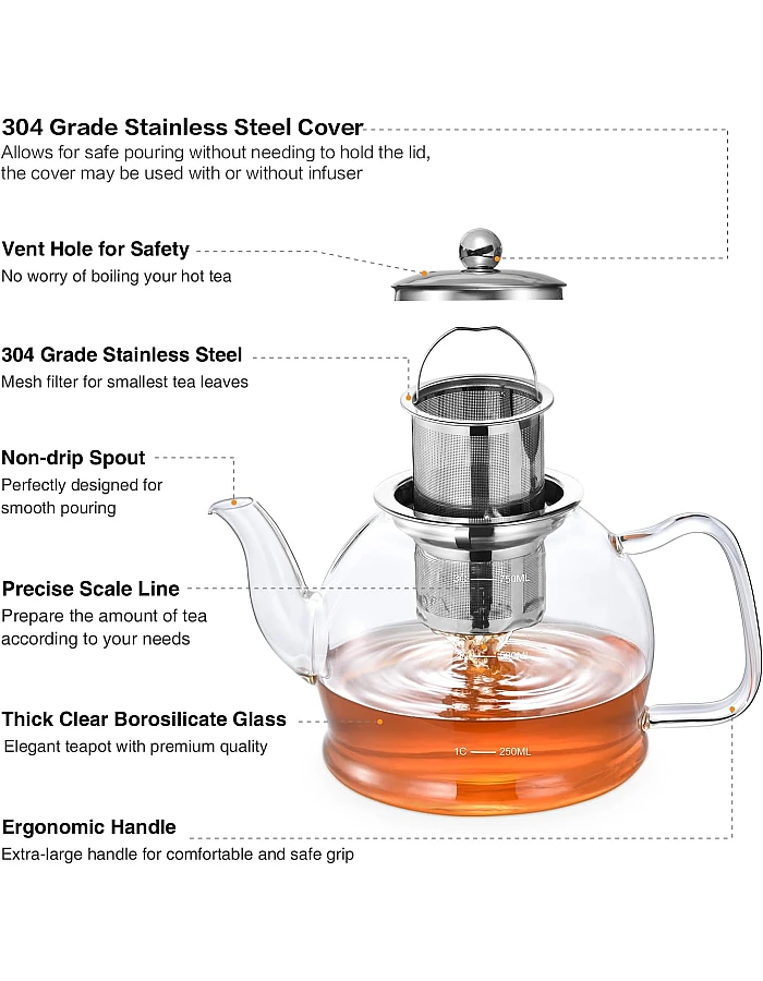 STNTUS Glass Teapot, 27 oz / 800 ml for Loose Tea, With Infuser and Stainless Steel Strainer, Stovetop Safe, 2-4 Cups